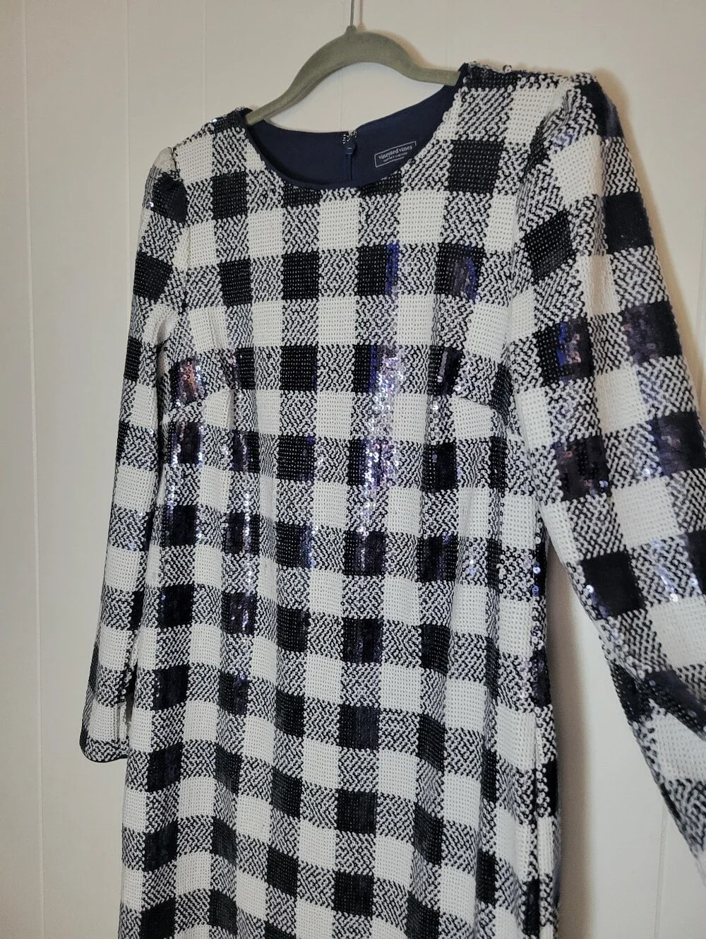 Vineyard Vines Buffalo Check Sequin Dress Blue & White Shift Formal Party Glam S